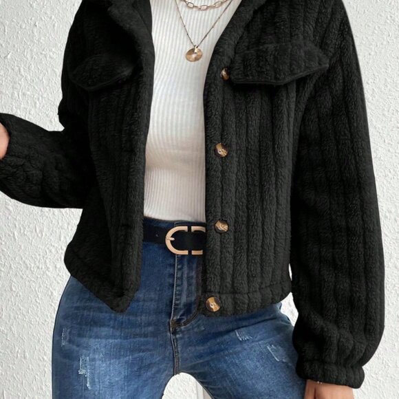 Black Casual Women's Flap Detail Button Front Flannel Jacket - Picture 7 of 7